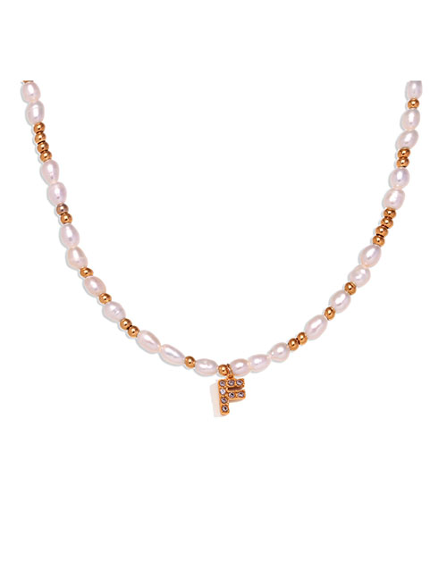 Fashion Gold-f Gold Plated Pearl Beaded Diamond Alphabet Necklace In Titanium Steel