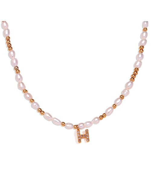 Fashion Gold-h Gold Plated Pearl Beaded Diamond Alphabet Necklace In Titanium Steel