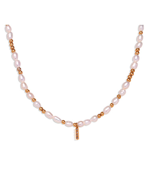 Fashion Gold-i Gold Plated Pearl Beaded Diamond Alphabet Necklace In Titanium Steel
