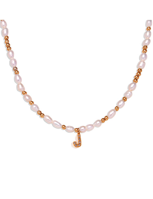 Fashion Gold-j Gold Plated Pearl Beaded Diamond Alphabet Necklace In Titanium Steel