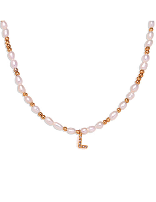 Fashion Gold-l Gold Plated Pearl Beaded Diamond Alphabet Necklace In Titanium Steel