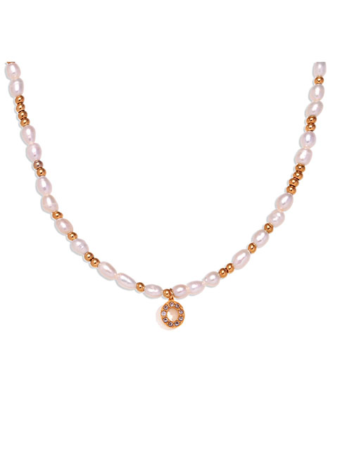 Fashion Gold-o Gold Plated Pearl Beaded Diamond Alphabet Necklace In Titanium Steel