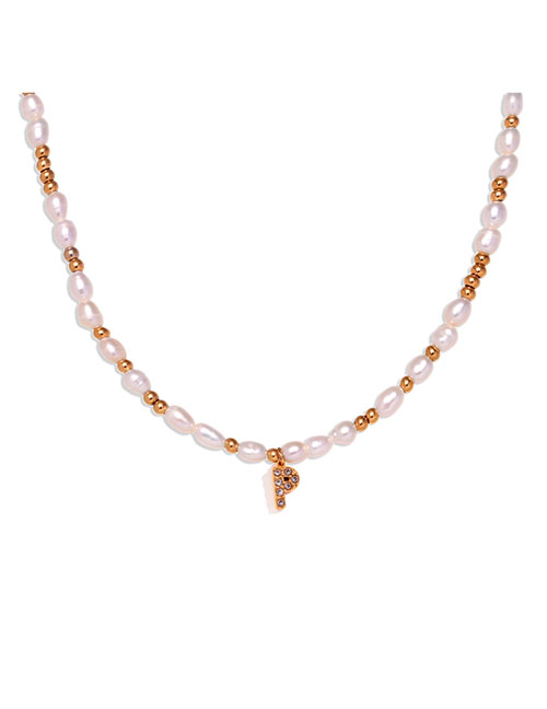 Fashion Gold-p Gold Plated Pearl Beaded Diamond Alphabet Necklace In Titanium Steel