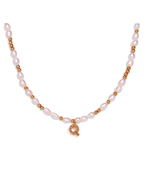 Fashion Gold-q Gold Plated Pearl Beaded Diamond Alphabet Necklace In Titanium Steel