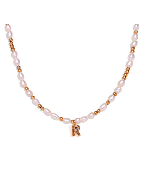 Fashion Gold-r Gold Plated Pearl Beaded Diamond Alphabet Necklace In Titanium Steel