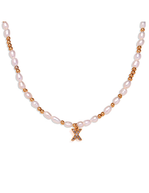 Fashion Gold-x Gold Plated Pearl Beaded Diamond Alphabet Necklace In Titanium Steel