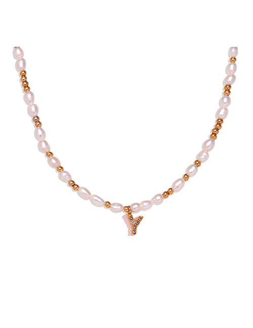 Fashion Gold-y Gold Plated Pearl Beaded Diamond Alphabet Necklace In Titanium Steel
