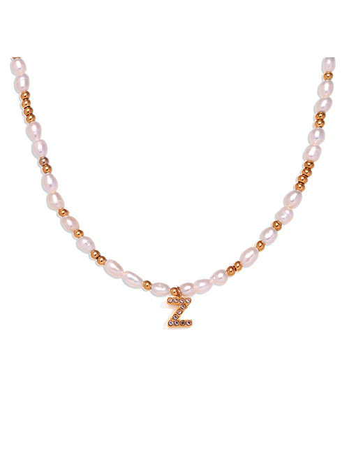 Fashion Gold-z Gold Plated Pearl Beaded Diamond Alphabet Necklace In Titanium Steel