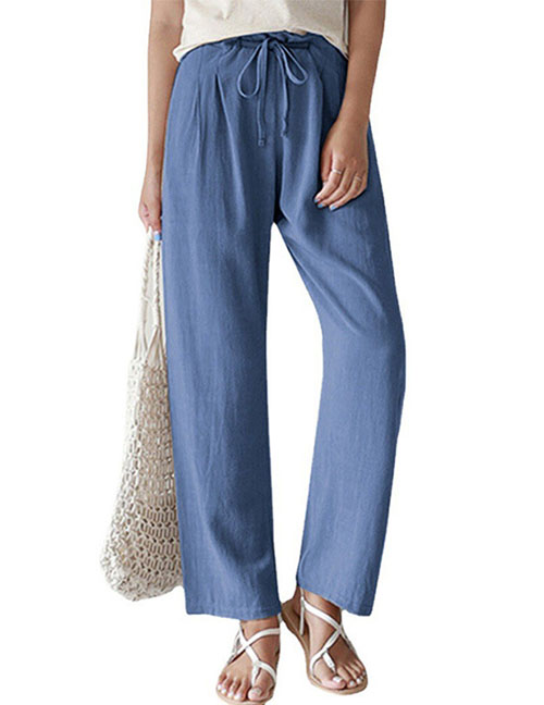 Fashion Blue Polyester Lace-up Straight-leg Trousers
