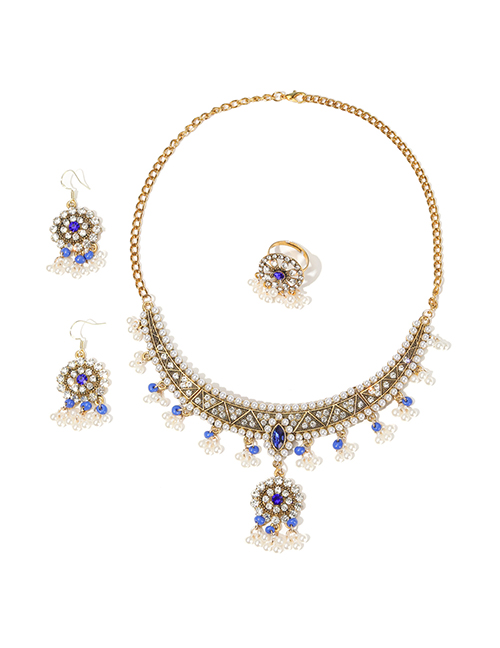 Fashion Blue Suit Alloy Diamond Geometric Earrings Necklace Ring Set