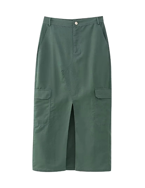 Fashion Dark Green Blended Cargo Slit Skirt