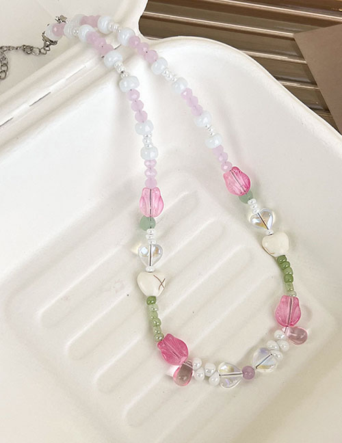 Fashion Pink Crystal Beaded Tulip Heart Necklace