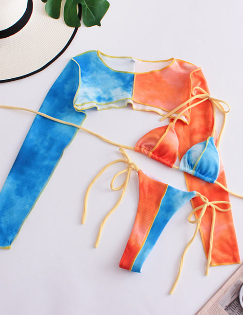 Fashion Color Three-piece Color-block Tie Swimsuit