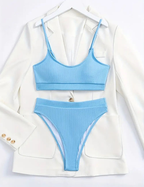 Fashion Blue Polyester Ribbed High Waist Two-piece Swimsuit