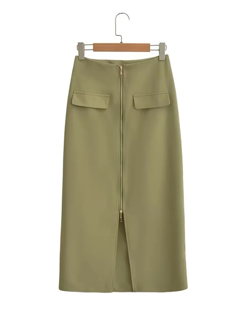 Fashion Army Green Zippered Slit Skirt With Polyester Pockets