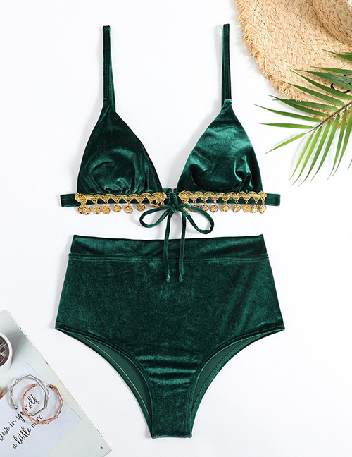 Fashion Dark Green Velvet Tie Swimsuit
