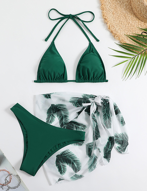 Fashion Green Nylon Printed Halter Neck Two-piece Swimsuit Three-piece Set