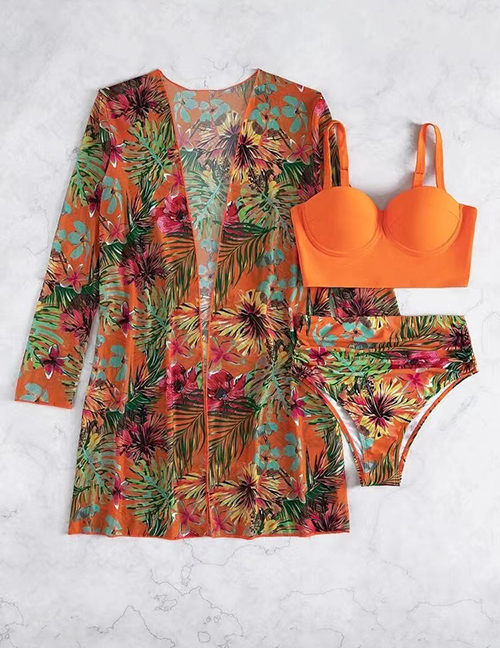 Fashion Orange Polyester Printed High Waist Two-piece Swimsuit Three-piece Set