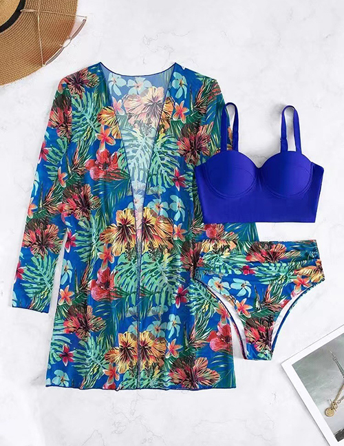 Fashion Sapphire Polyester Printed High Waist Two-piece Swimsuit Three-piece Set