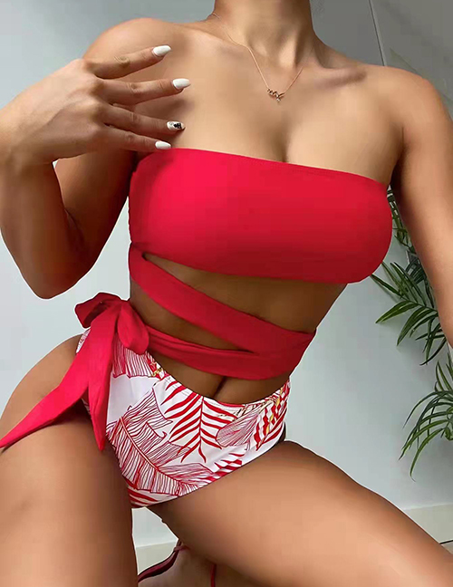 Fashion Red Printed Bandeau High Waist Two Piece Swimsuit