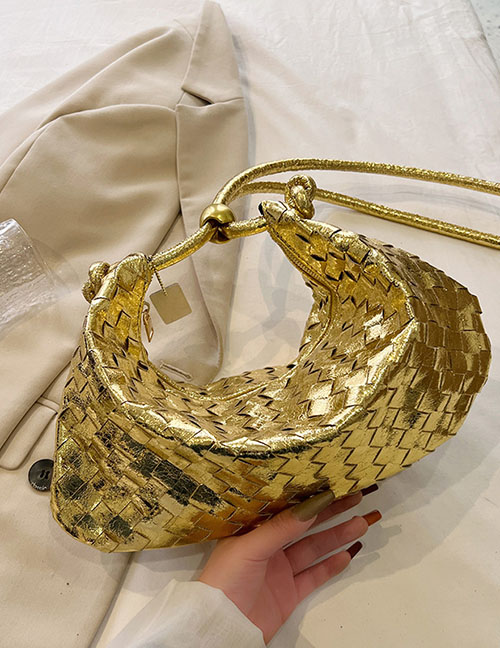 Fashion Gold Pu Geometric Weave Large Capacity Handbag