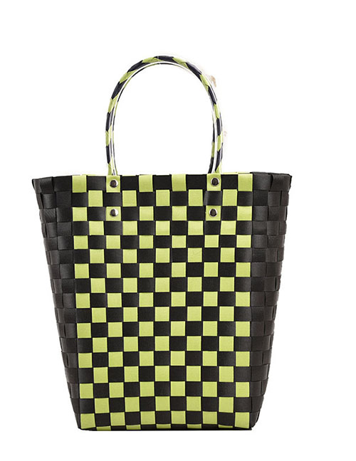 Fashion Black With Green Plastic Check Large Capacity Tote Bag
