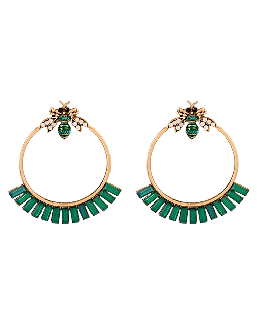 Fashion Green Alloy Diamond Hoop Bee Stud Earrings