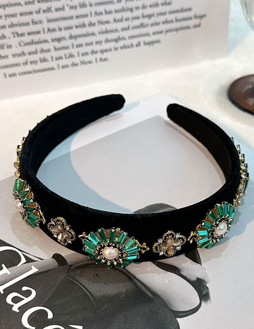 Fashion Hole Green Fabric Diamond-studded Geometric Wide-brimmed Headband