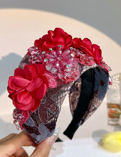 Fashion Rose Red Fabric Diamond-encrusted Flower Wide-brimmed Headband