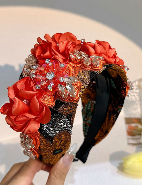 Fashion Orange Fabric Diamond-encrusted Flower Wide-brimmed Headband