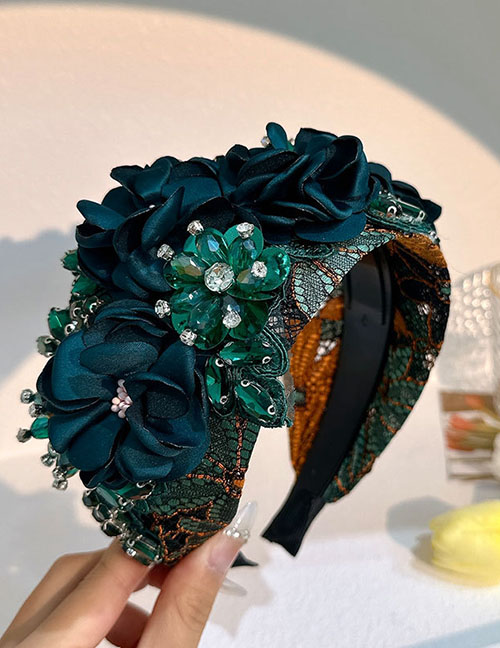Fashion Hole Green Fabric Diamond-encrusted Flower Wide-brimmed Headband