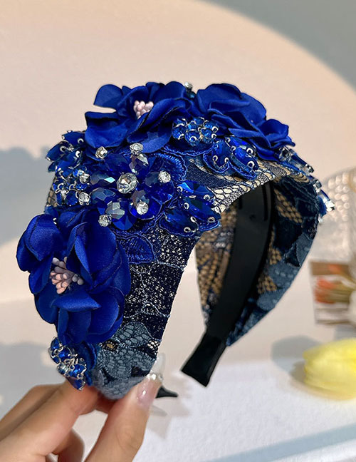 Fashion Blue Fabric Diamond-encrusted Flower Wide-brimmed Headband