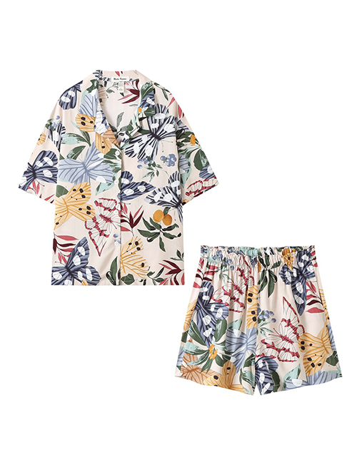 Fashion Color Polyester Print Lapel Shirt Shorts Set