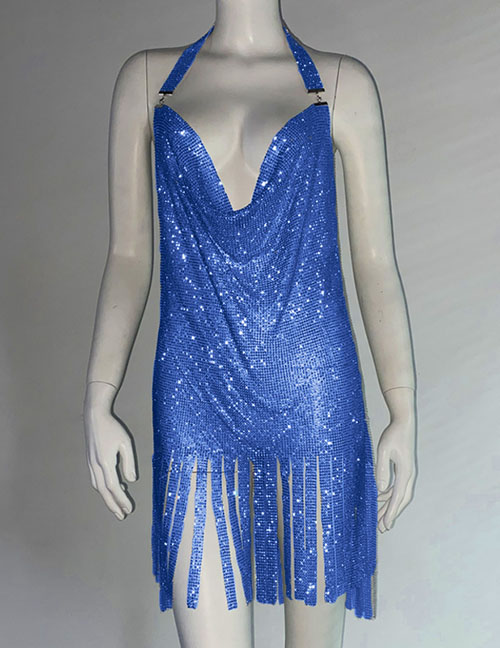 Fashion Royal Blue Metallic Rhinestone Halter Dress