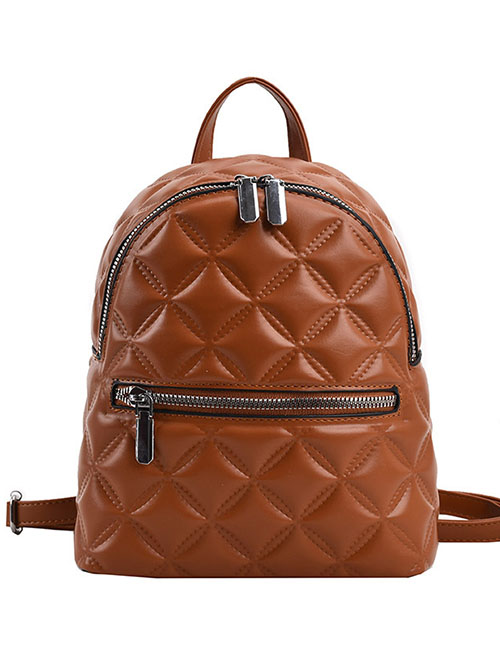 Fashion Brown Rhombus Embossed Large Capacity Backpack