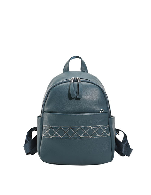 Fashion Blue Soft Leather Embroidered Diamond Backpack