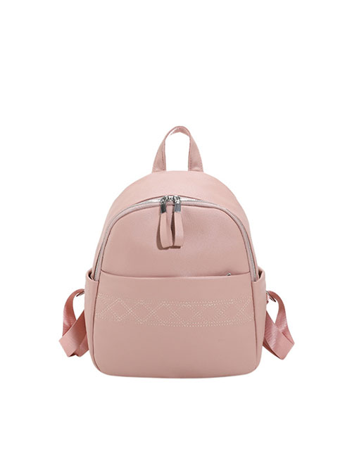 Fashion Pink Soft Leather Embroidered Diamond Backpack