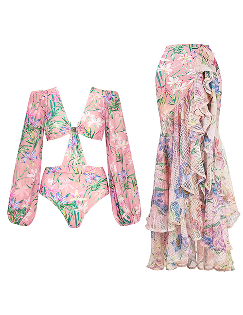 Fashion Long Sleeve Swimsuit Set Polyester Printed One-piece Swimsuit Pleated Beach Skirt Set