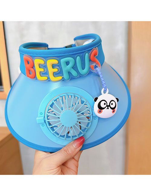 Fashion Blue Panda [send Windproof Rope] Plastic Cartoon Printed Children's Sunscreen Hat With Fan Empty Top (live)