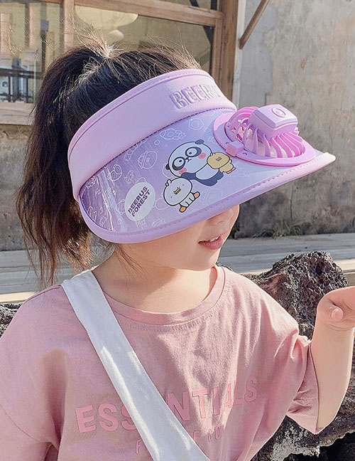 Fashion Purple Panda Fan Hat [adjustable Wind Speed] Plastic Cartoon Printed Children's Sunscreen Hat With Fan Empty Top (live)