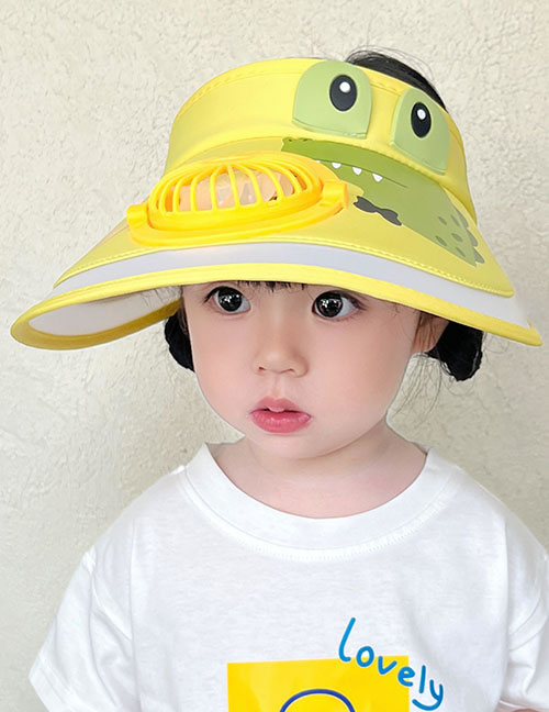 Fashion Yellow Little Frog [upgrade Fan Model] Plastic Cartoon Printed Children's Sunscreen Hat With Fan Empty Top (live)