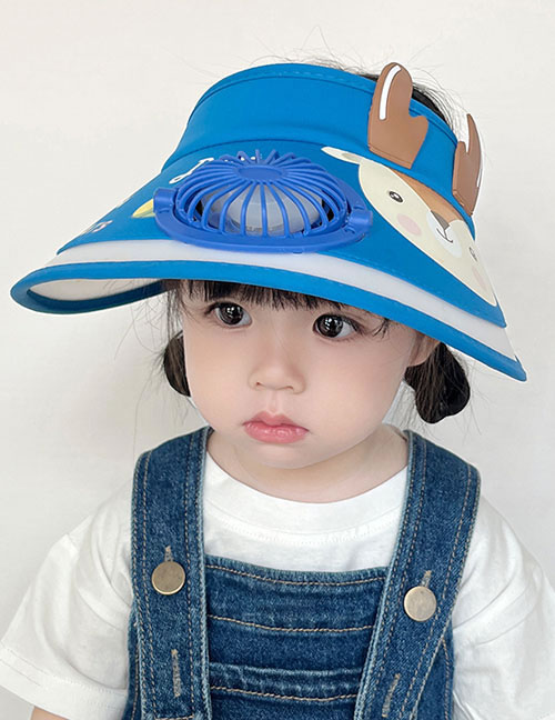 Fashion Blue Deer [upgrade Fan Model] Plastic Cartoon Printed Children's Sunscreen Hat With Fan Empty Top (live)