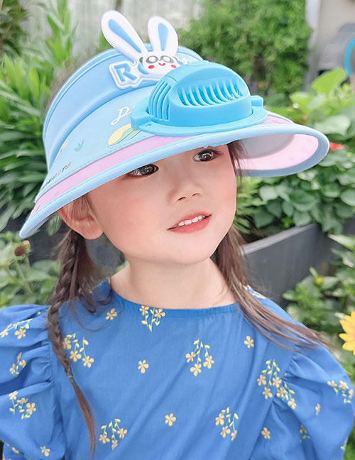 Fashion [usb+three-speed Adjustment] Sky Blue Glasses Rabbit Plastic Cartoon Printed Children's Sunscreen Hat With Fan Empty Top (live)
