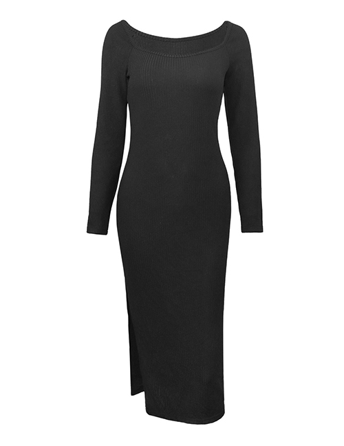 Fashion Black Polyester Long Sleeve Slit Dress