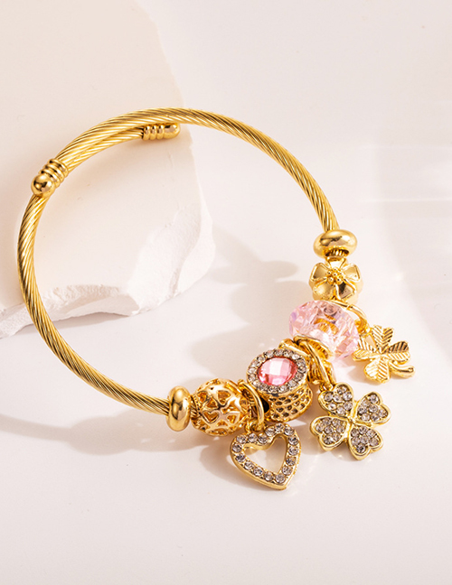 Fashion Pink Titanium Steel Diamond Heart Four-leaf Clover Multi-element Bracelet