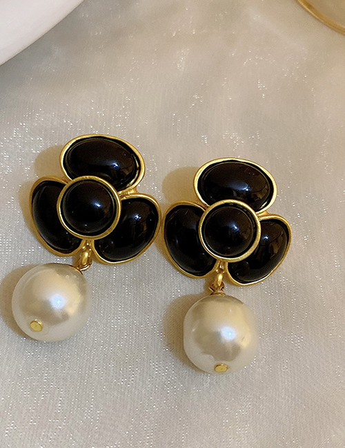 Fashion 1# Black Flower Pearl Alloy Flower Pearl Earrings
