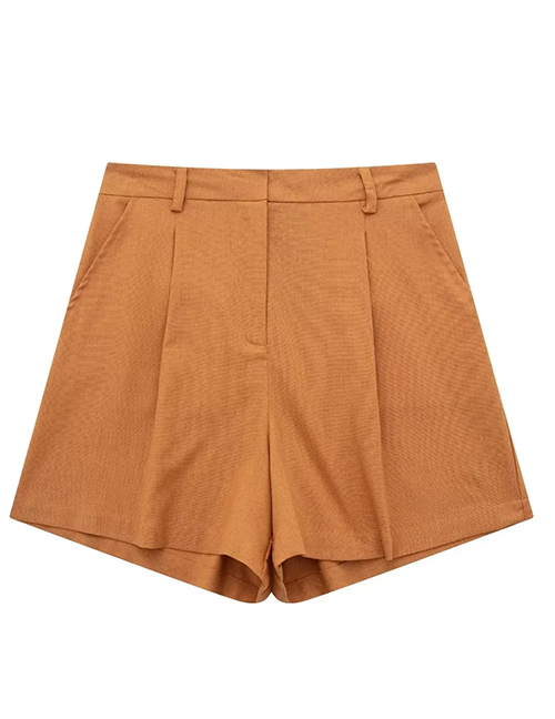 Fashion Brown Blended Micro Pleated Shorts