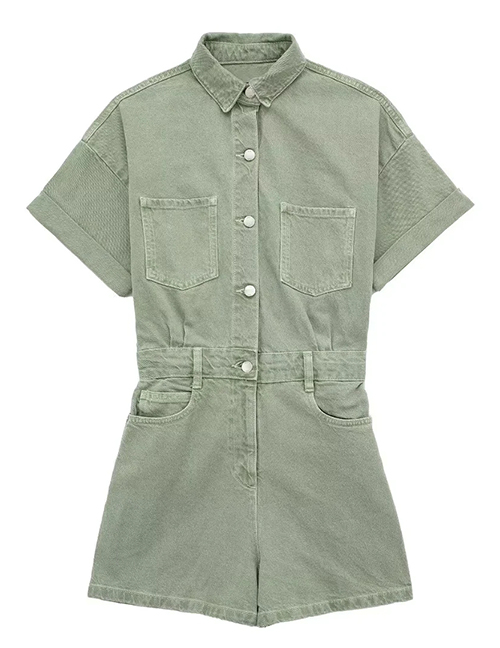 Fashion Green Denim Lapel Button-up Jumpsuit Shorts