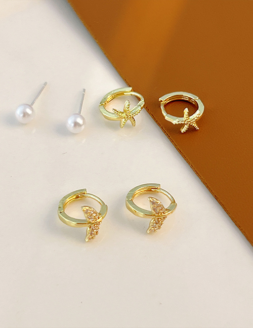 Fashion Gold Copper And Diamond Mermaid Starfish Pearl Earring Set