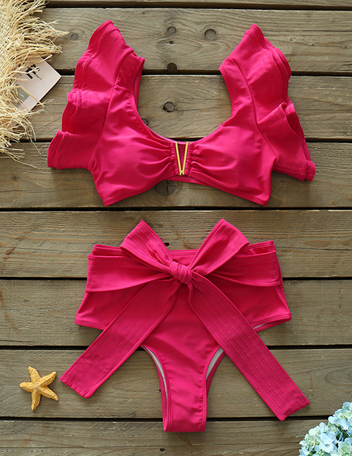 Fashion Pink Polyester Ruffle Tie Two-piece Swimsuit